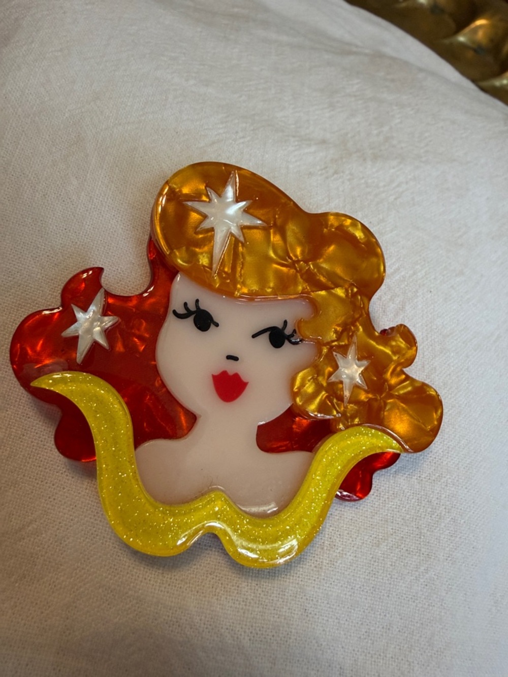 Erstwilder Whimsical Retro Girl Acrylic Brooch - Red, Orange, Yellow